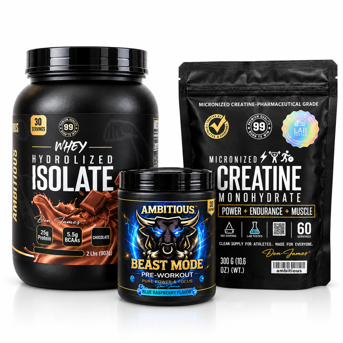 FULL STACK | Creatina + Pre-Workout + Whey Isolate | Ambitious99